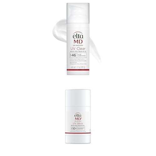 Bundle of EltaMD UV Clear SPF 46 Face Sunscreen 1.7oz Oil-free Acne-Prone Skin) + EltaMD UV Stick SPF 50+ 1.3oz Mineral Sunscreen for Face/Body Kids &amp Adults Sensitive Skin)