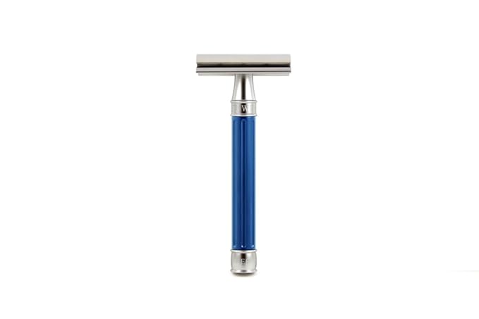Edwin Jagger 3ONE6 DE Stainless Steel Safety Razor Grooved 1x Pack of DE Razor Blades (Anodized Blue)