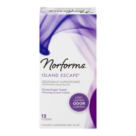 Norforms Feminine Deodorant Suppositories Long Lasting Odor Control Island Escape Scent 12 Count (Pack of 6)