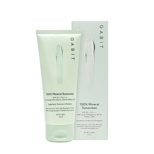 GABIT 100% Mineral Sunscreen SPF 50+ PA++++ with Indian Gooseberry Winter Cherry Oats Prebiotic &amp Probiotic All Skin Types 90ml