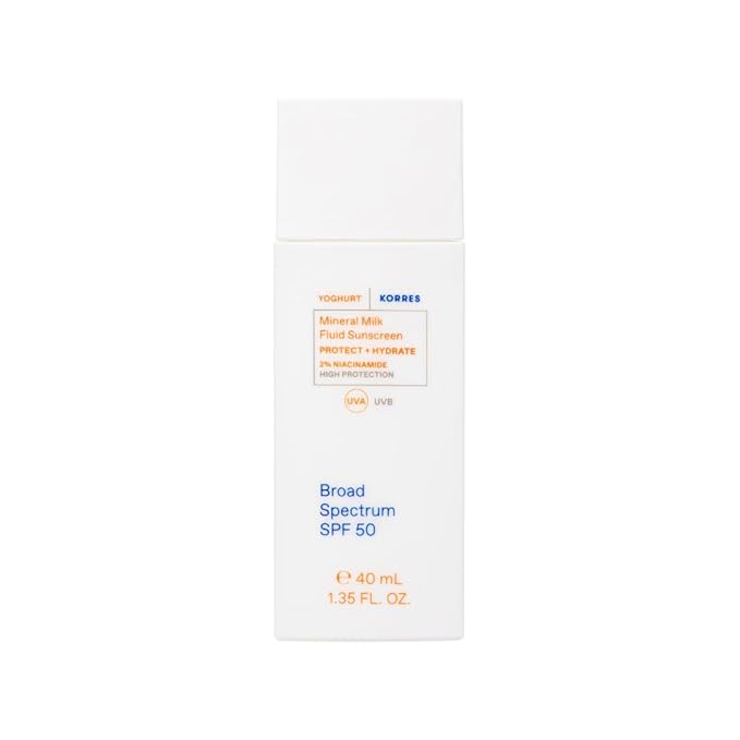 KORRES Greek Yoghurt Mineral Milk Fluid Sunscreen Lightweight Face Sunscreen for Daily Hydration Mineral UV Protection Sensitive Skin Friendly SPF for Face Vegan Travel Size 1.35 Fl Oz