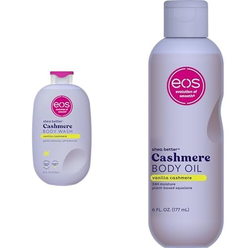 Bundle of eos Cashmere Body Wash – Vanilla Cashmere Moisturizing Body Wash 16 fl oz + eos Cashmere Oil Vanilla 24 Hour Moisture Plant-Based Squalane to Soothe Soften and Smooth Dry Skin 6 fl oz