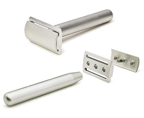 Aluminum Double Edge Safety Razor - Raw Silver | Three Piece Double Edge Safety Razor