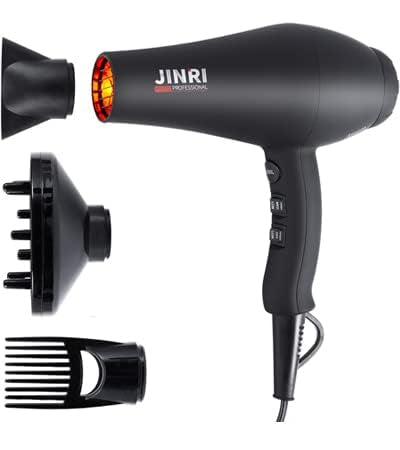 JINRI Infrared Hair Dryer Professional Salon Hairdryer Negative Ionic Blow Dryers for Fast Drying Pro Ion Quiet Hairdryer with Diffuser &amp Concentrator &amp Comb Black