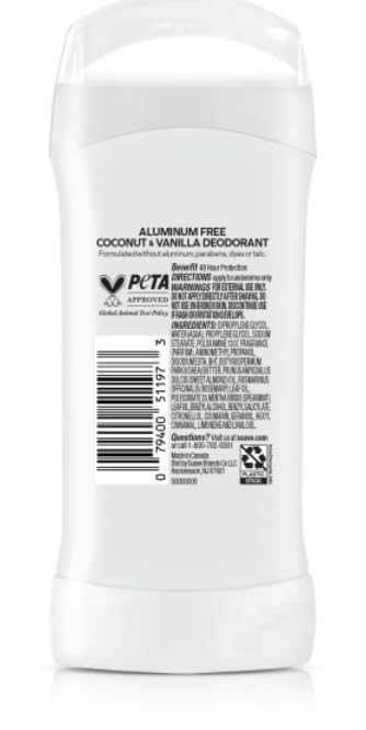 Suave Aluminum Free Deodorant for Women Coconut &amp Vanilla 48-Hour Odor Protection Free of Talc Parabens &amp Dyes 2.6 oz (Pack of 12)