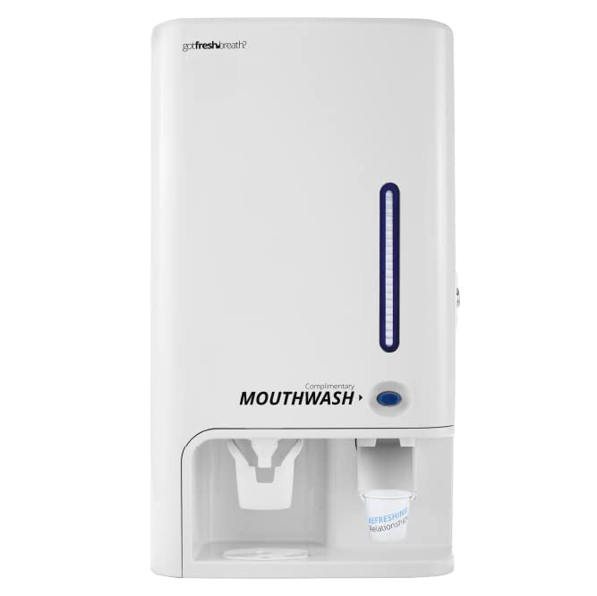 GotFreshBreath Commercial Mouthwash Dispenser with Cup Holder – Standing or Wall-Mounted Slim Commercial Mouthwash Dispenser with 100 Cups &amp 50 Oz. Alcohol-Free Mouthwash (White)