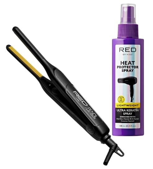 KISS Pencil Flat Iron &amp Heat Protector Spray Bundle - Ceramic Tourmaline Plates - 0.3 x 0.3 - 450F Max Temp - Straightens Short to Medium Hair