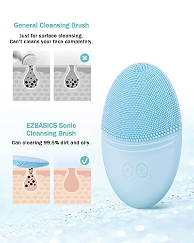 EZBASICS Facial Cleansing Brush Waterproof Sonic Vibrating Face Brush for Deep Cleansing Gentle Exfoliating and Massaging Inductive charging (Blue)