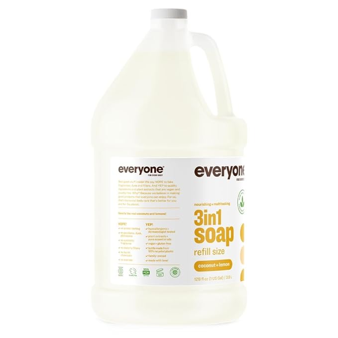 Everyone 3-in-1 Soap Body Wash Bubble Bath Shampoo 1 Gallon Coconut and Lemon made with Essential Oils for Men and Women