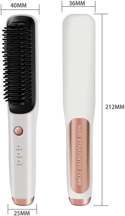 Wireless Hair Straightener Brush and Curler 2-in-1 Dual-Use Straight Comb with Temperature Control White and Rose Gold