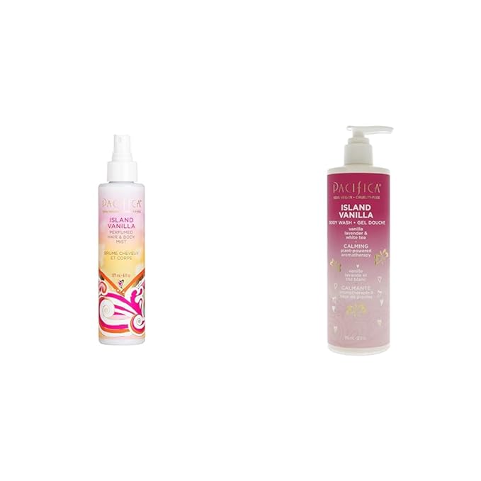 Pacifica Beauty Island Vanilla Hair Perfume &amp Body Spray &amp Beauty Island Vanilla Body Wash with Pump Aloe + Hyaluronic Acid Everyday Cleansing Bath &amp Shower Gel Essential Oils
