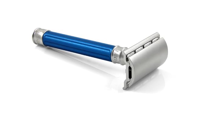 Edwin Jagger 3ONE6 DE Stainless Steel Safety Razor Grooved 1x Pack of DE Razor Blades (Anodized Blue)