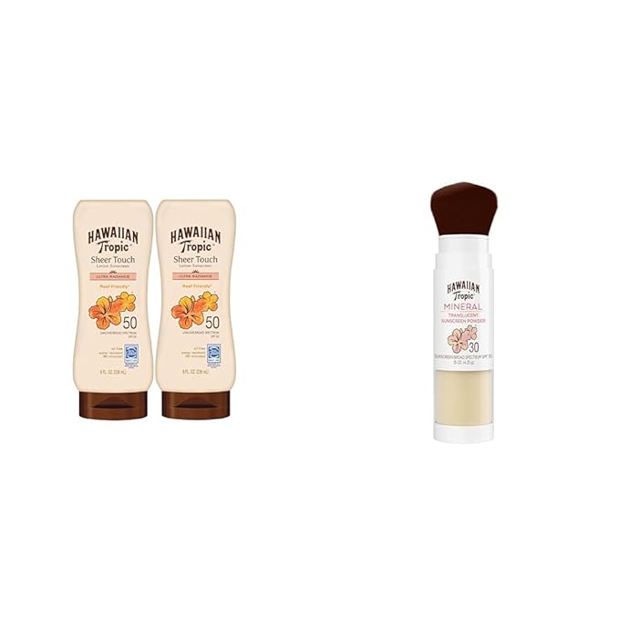 Hawaiian Tropic Sheer Touch Ultra Radiance SPF 50 Sunscreen Lotion Twin Pack with Mineral Powder SPF 30 Sunscreen Brush