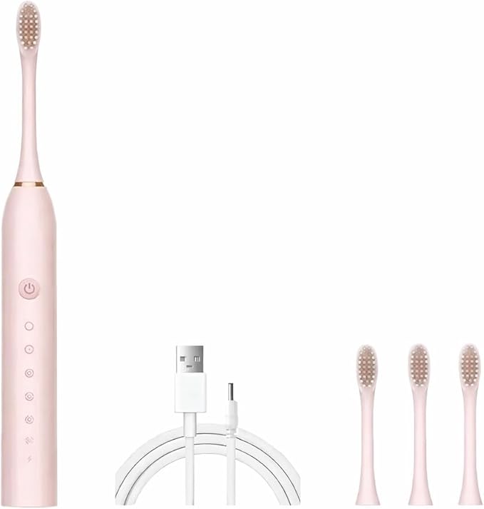 Electric Toothbrush for Adults Rechargeable Cordless Power Toothbrush with 6 Modes 4 Brush Heads 2-Min Timer Electric Tooth Brush Adult Black White Pink (Pink 1 Handle 4 Heads)