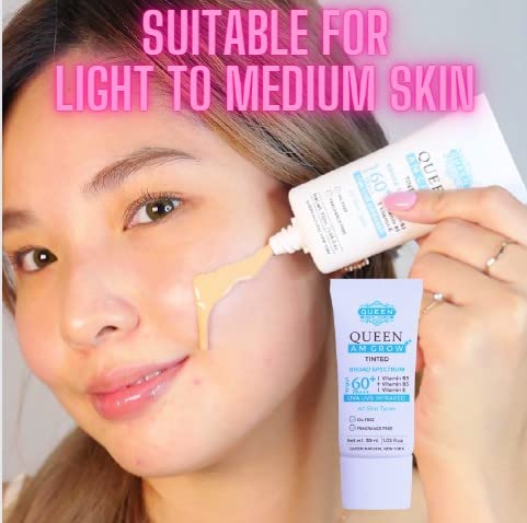 QUEEN SUN PLUS + QUEEN AM GLOW Sunscreen SPF 60 Primer-Anti Aging Face Moisturizer- Vitamin B3 B5 E- Non-Greasy Silky Touch Instant dry-oil free fragrance free by QUEEN NATURAL NEW YORK