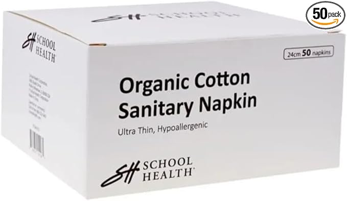 School Health - Organic Cotton Sanitary Napkins Regular Absorbency Ultra Thin Pads for Women - 50 Count