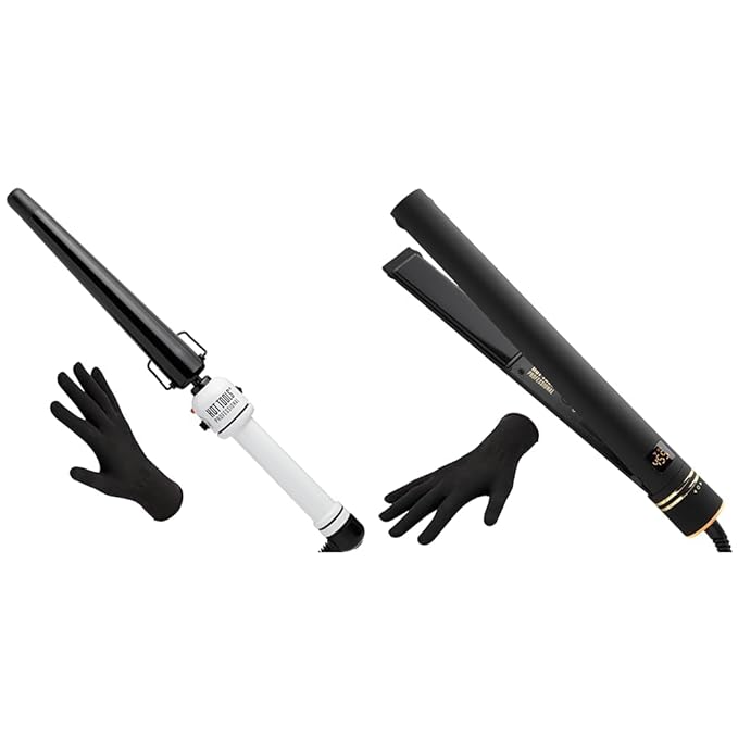 HOT TOOLS Professional Nano Ceramic Extra Long Tapered Curling Iron for Shiny Curls 3/4 to 1 1/4 in &amp Hot Tools Pro Artist Black Gold Evolve Ionic Salon Hair Flat Iron | Long-Lasting Finish
