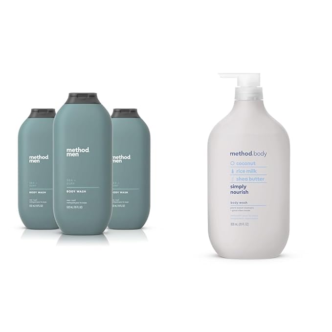 Method Men Body Wash Sea + Surf Paraben and Phthalate Free 18 FL Oz (Pack of 3)Softening &amp Body Wash Simply Nourish Paraben and Phthalate Free Biodegradable Formula 28 oz (Pack of 1)