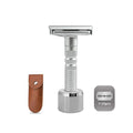 Adjustable double-edged safety razor with 10 platinum-plated stainless steel razor blades + optional stand + complimentary holster reusable razor smooth close shave (Silver + base + holster)