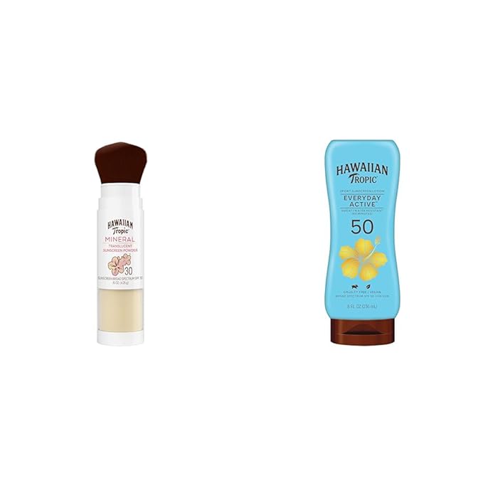 Hawaiian Tropic Mineral Powder Sunscreen Brush SPF 30 &amp Everyday Active Sunscreen Lotion SPF 50 Bundle 8oz