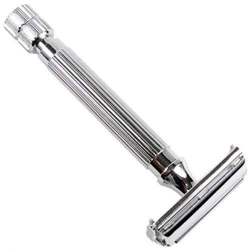 Parker 82R Heavyweight Double Edge Butterfly Safety Razor Set - Includes Badger Shave Brush Chrome Stand and 5 Premium Platinum Razor Blades