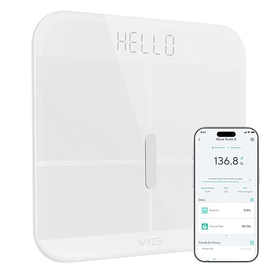 Wyze Smart Scale X - Digital Bathroom Scale for Body Weight BMI Body Fat Muscle Mass Heart Rate Monitor | ITO Glass &amp LED Backlight | Batteries Included 400 lbs (White)