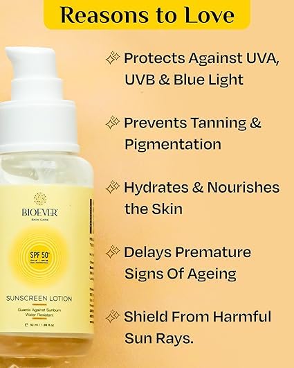 Bio.ever Sunscreen Lotion SPF 50 UVA UVB Blue Light Protection Prevents Tanning Hydrates &amp Nourishes Water Resistant