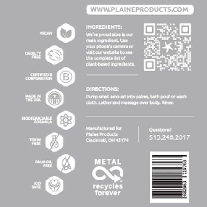 Plaine Products Eco-Friendly Body Wash - Unscented - Sulfate/Paraben/Phthalate Free 16 oz (Refillable Aluminum Bottle with Pump)