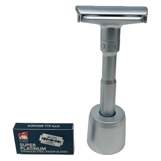 G.B.S Chrome Adjustable Men's Double Edge Safety Razor with Blades Stand and 10 G.B.S Platinum Blade Refills