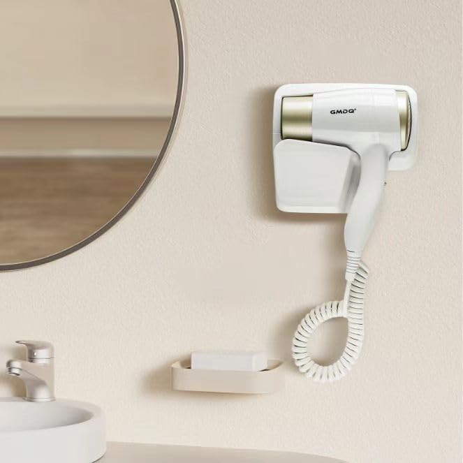 Wall Mounted Hair Dryer for Bathroom - 110V Professional Blow Dryer with Fast Drying Salon Motor Heavy Duty Wall Mount Hairdryer with Stand Rack Includes Screws+Adhesive