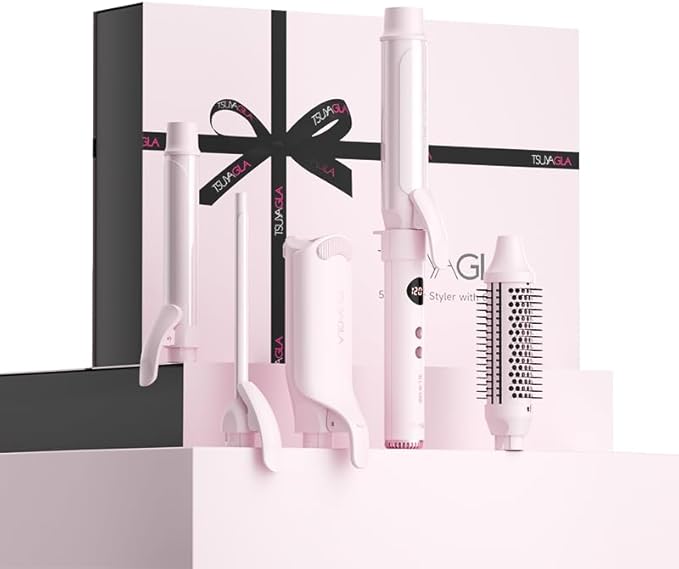 5 in 1 Interchangeable Ceramic Curling Iron Set with Cool Air &amp Ionic Care Fast Heating 3/8 1 1.5 Long Barrel Curling Wand Crimper &amp Thermal Curling Brush Dual Voltage 250℉–410℉