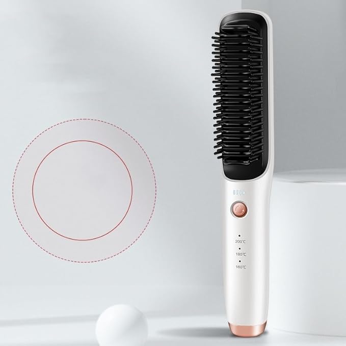 Wireless Hair Straightener Brush and Curler 2-in-1 Dual-Use Straight Comb with Temperature Control White and Rose Gold