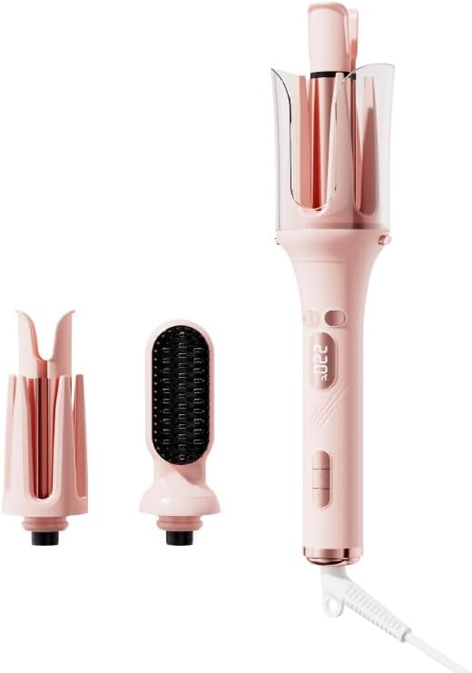 Automatic Curling Iron Hair Curler &amp Straightening Comb 4-in-1 Beach Wave Curling Wand with 3 Ceramic Barrel &amp 1 Hair Straightener Brush 3 Temp Timer Negative Ions
