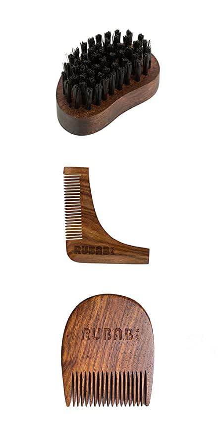 Premium Beard Brush Wooden Shaper &amp Beard Comb for Men | Perfect Beard Grooming Kit of 3 | Also Comes with Carry Pouch | Made in India