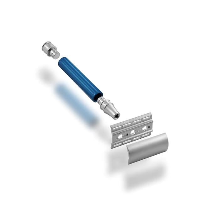 Edwin Jagger 3ONE6 DE Stainless Steel Safety Razor Grooved 1x Pack of DE Razor Blades (Anodized Blue)
