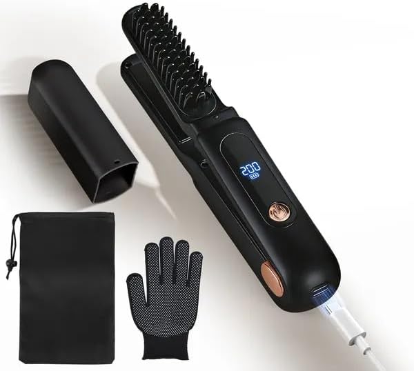 Bulkio 2 in 1 Cordless Ceramic Hair Straightener Flat Iron and Brush Rechargeable 3 Heat Settings Black Portable with Carry Bag