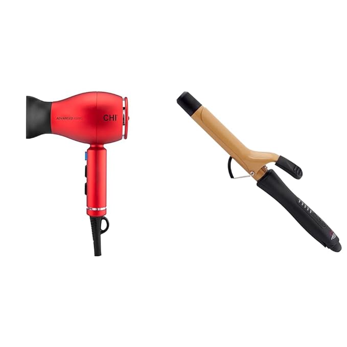 CHI 1875 Hair Dryer &amp CHI 1 Ceramic Curling Iron Bundle - Compact 1875W Dryer Reduces Frizz &amp Increases Shine + Curler for Smooth Shiny Curls