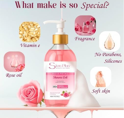 Rose Petal Shower Gel (300ml) - Natural Body Wash with Pure Rose Extracts | Gentle &amp Refreshing Moisturizing Skin Cleanser | Sulfate &amp Paraben-Free