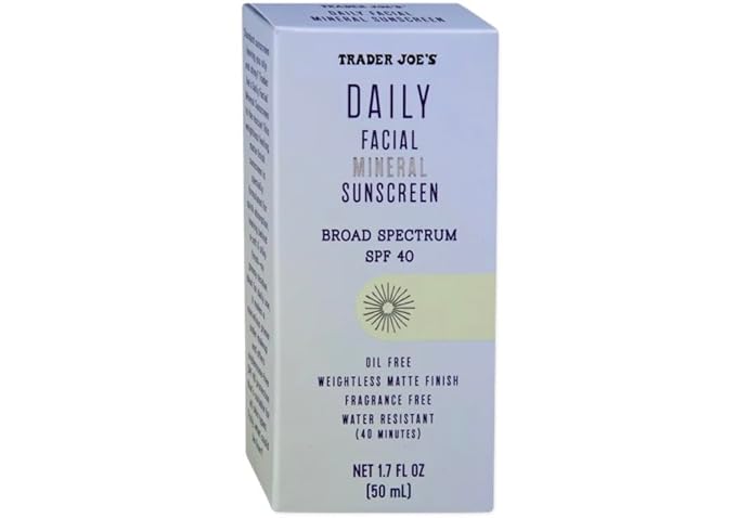 Trader Joe's Daily Facial Mineral Sunscreen Broad Spectrum SPF 40 Oil Free Fragrance Free Matte Finish Water Resistant 1.7 fl oz (pack of 2)