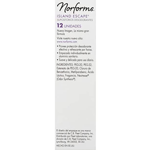 Norforms Feminine Deodorant Suppositories Long Lasting Odor Control Island Escape Scent 12 Count (Pack of 11)