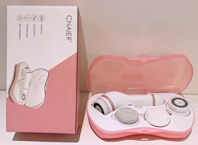 Facial Cleansing Brush 4 in 1 Electric Face Scrubber with Travel Case and 4 Brush Heads Waterproof Facial Cleansing Spin Brush for Gentle Exfoliation and Deep Cleaning (Pink)