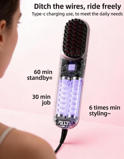 Cordless Hair Straightener Brush 4 Temp Settings Ceramic Coating Hair Straightener Comb Rechargeable Fast Heating Hot Comb Women (Pink)