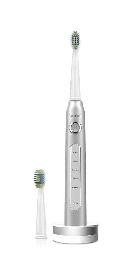 Voom Sonic Pro 5 Series Rechargeable Electronic Toothbrush Dentist Recommended Advanced Oral Care 2 Minute Timer with Quadrant Pacing 5 Adjustable Speeds Soft Dupont Nylon Bristles Silver