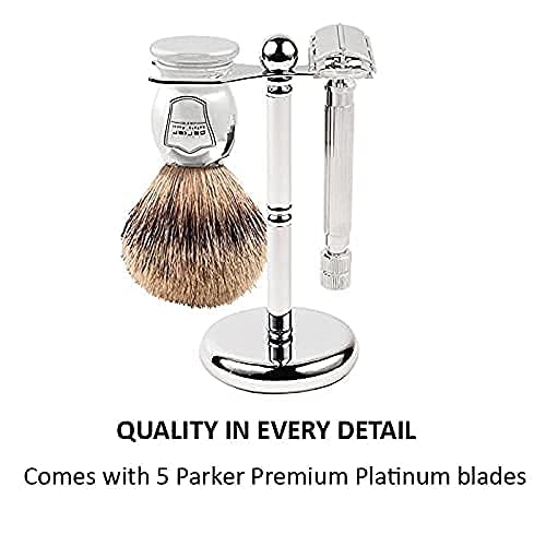 Parker 82R Heavyweight Double Edge Butterfly Safety Razor Set - Includes Badger Shave Brush Chrome Stand and 5 Premium Platinum Razor Blades