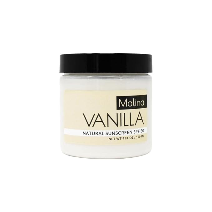 Malina™ Organic Vanilla Natural Sunscreen | SPF 30+ | Nontoxic | Baby-Safe | Reef-Safe | No Preservatives | No Synthetic Fragrance | Made With Pure Essential Oil (4 Fl Oz)