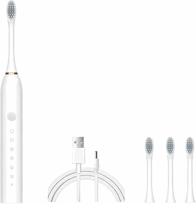 Electric Toothbrush for Adults Rechargeable Cordless Power Toothbrush with 6 Modes 4 Brush Heads 2-Min Timer Electric Tooth Brush Adult Black White Pink (White 1Handle 4Heads)