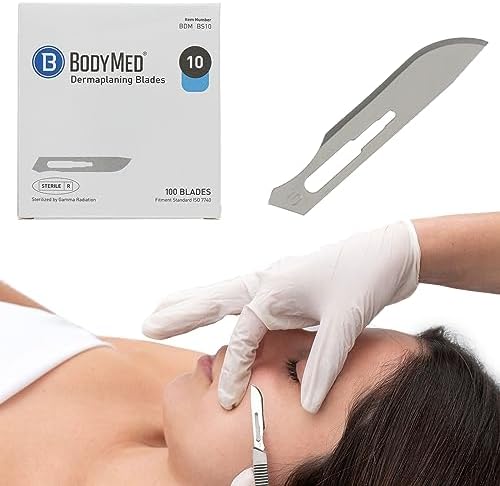 BodyMed Dermaplaning Blades #10 in Stainless Steel 100 PCS - Disposable Individually wrapped Sterile Scalpel Blades for Estheticians Facial Exfoliation Hair Removal Skin Care Surgical &amp
