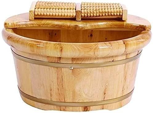 Foot TubHome Solid Cypress Wood Acupuncture Points Massage Foot Basin Foot Spa Wooden Tub with Cover Foot Bath Soaking Tub Movable Universal Wheel