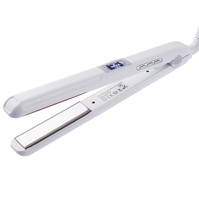 JUKEY Hair Straightener Infrared with Ultrasonic Care Iron Cold Treatment Recovers Damaged Hair and Shiny Hair Restoration LCD Display Dual Voltage Auto Off -White 13 x 2.4 x 1.8 Inch