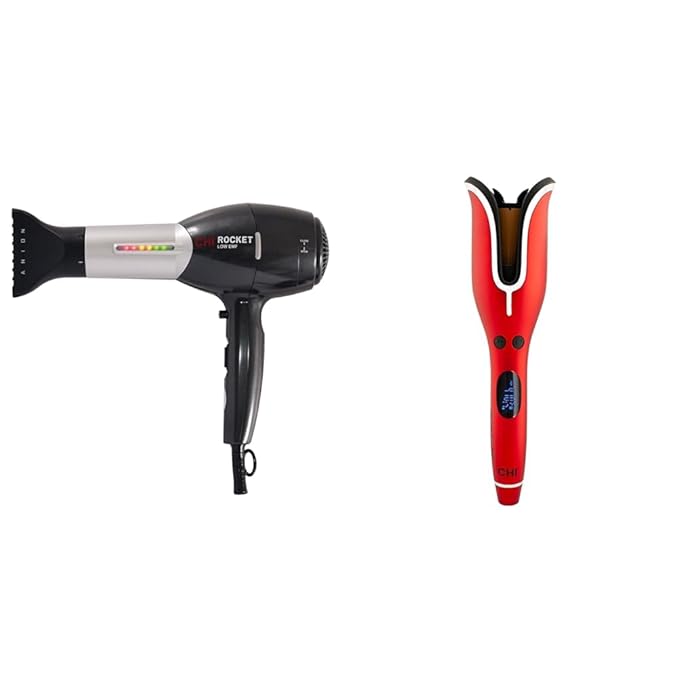 CHI Rocket Hair Dryer &amp Spin N Curl Ceramic Rotating Curler Ruby Red. Ideal for Shoulder-Length Hair Between 6-16” inches.